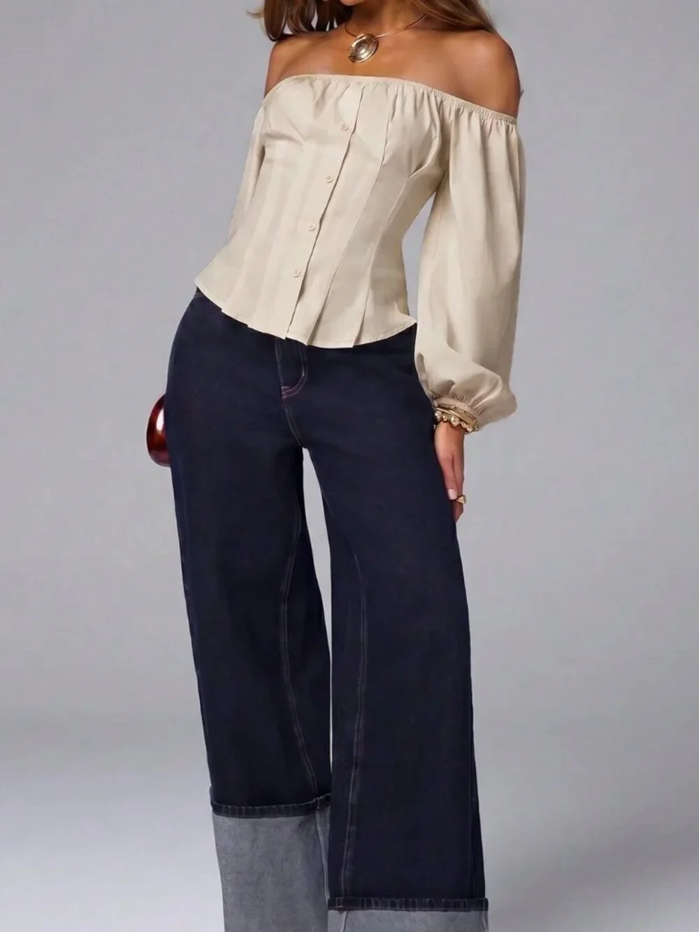 Apricot Elegant Pleated Off-Shoulder Women's Long Sleeve Balloon Top